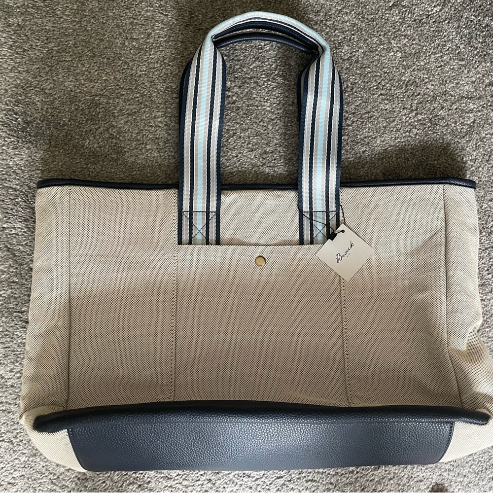 Brouk & Co Cream and Blue Structured Tote Bag with Dual Handles
